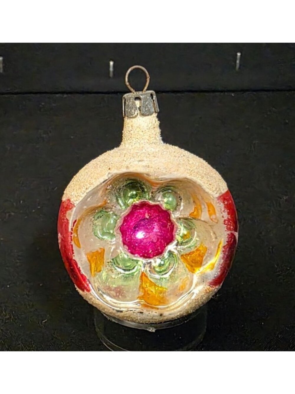 Vintage MCM Mercury Glass Indented Reflector Pink w Mica Christmas Ornament